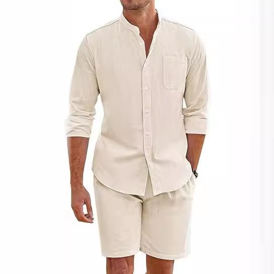 Summer Cotton Linen Comfortable With Button Shirt Long Sleeve+Shorts Simple Two-piece Suit Casual Beach Wear Men Clothes Set Two-Piece Outfits
