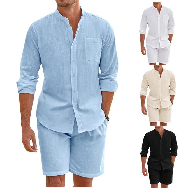 Summer Cotton Linen Comfortable With Button Shirt Long Sleeve+Shorts Simple Two-piece Suit Casual Beach Wear Men Clothes Set Two-Piece Outfits