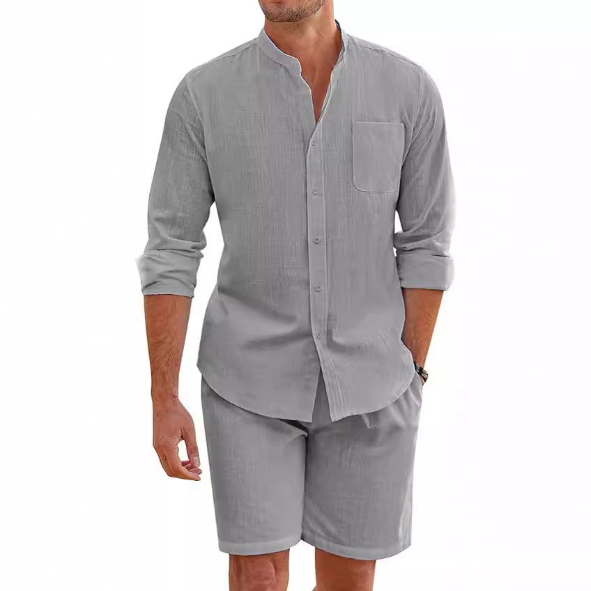 Summer Cotton Linen Comfortable With Button Shirt Long Sleeve+Shorts Simple Two-piece Suit Casual Beach Wear Men Clothes Set Two-Piece Outfits