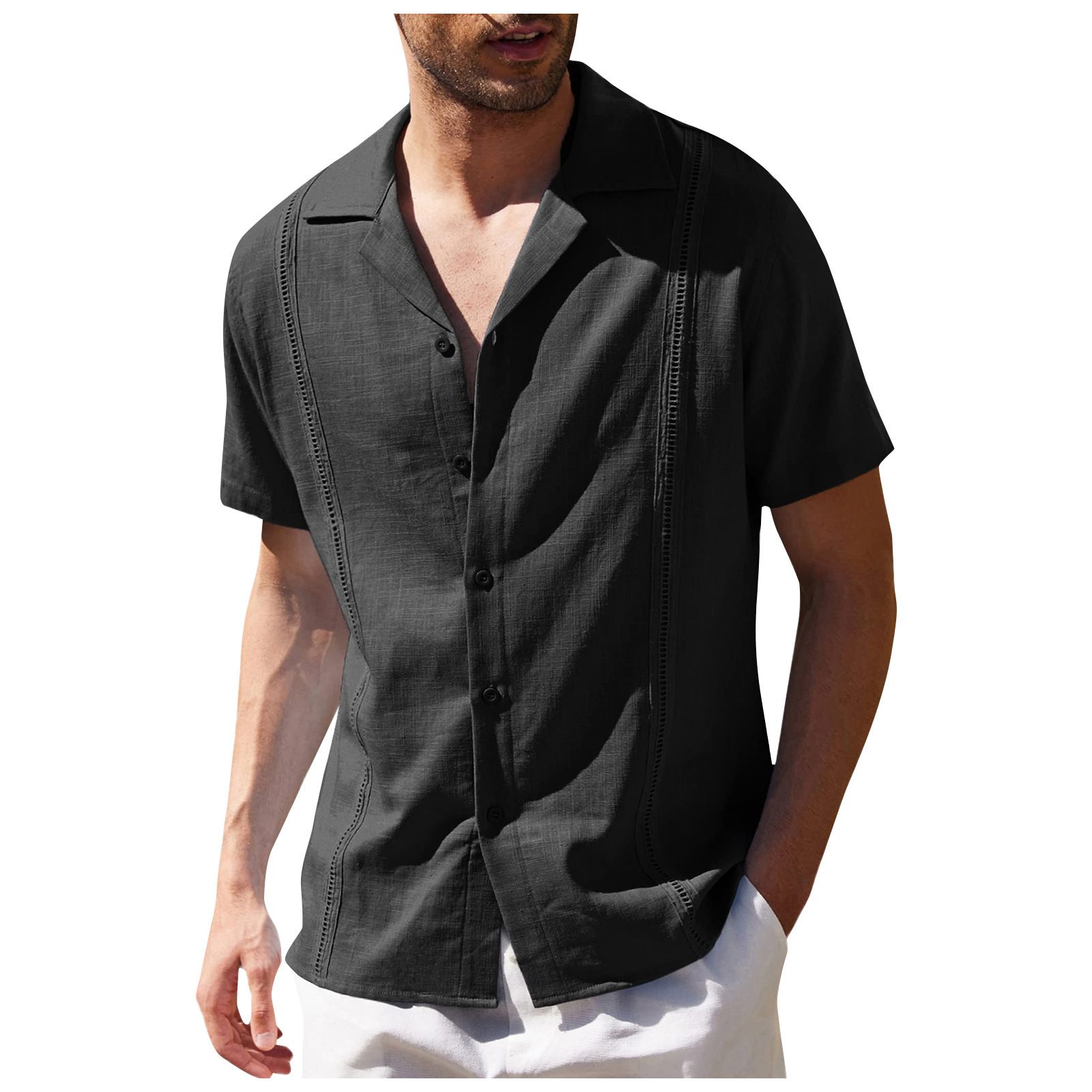 Casual Breathable Men's Shirts Solid Design Turn-Down Collar Short Sleeve Cotton Linen Single Button Custom  Solid Pattern Shirts