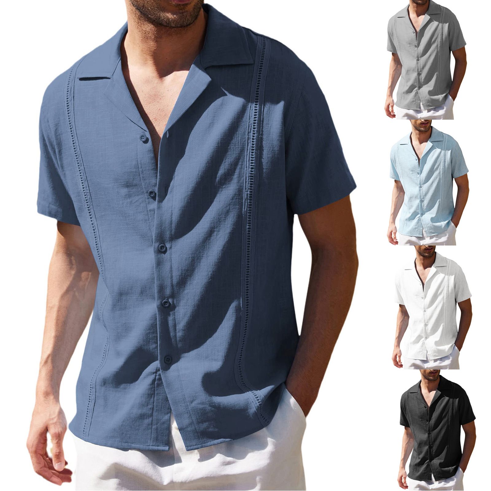 Casual Breathable Men's Shirts Solid Design Turn-Down Collar Short Sleeve Cotton Linen Single Button Custom  Solid Pattern Shirts