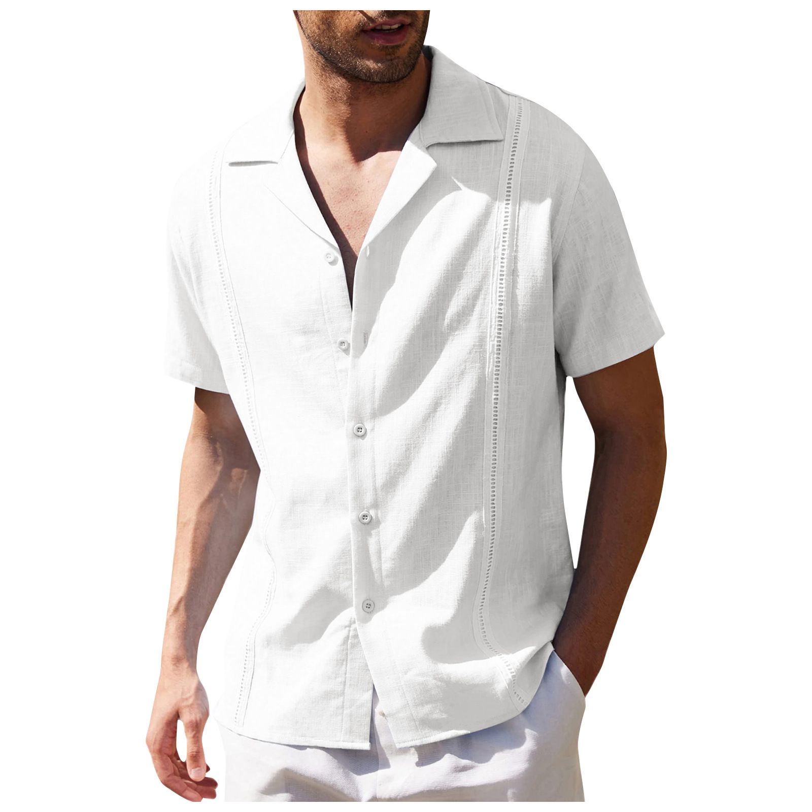 Casual Breathable Men's Shirts Solid Design Turn-Down Collar Short Sleeve Cotton Linen Single Button Custom  Solid Pattern Shirts