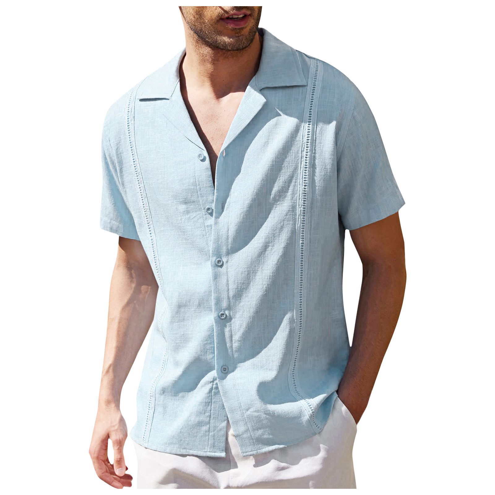 Casual Breathable Men's Shirts Solid Design Turn-Down Collar Short Sleeve Cotton Linen Single Button Custom  Solid Pattern Shirts