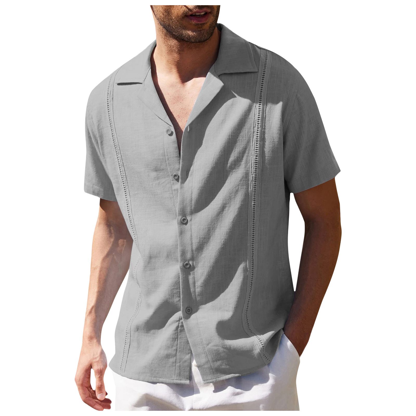 Casual Breathable Men's Shirts Solid Design Turn-Down Collar Short Sleeve Cotton Linen Single Button Custom  Solid Pattern Shirts