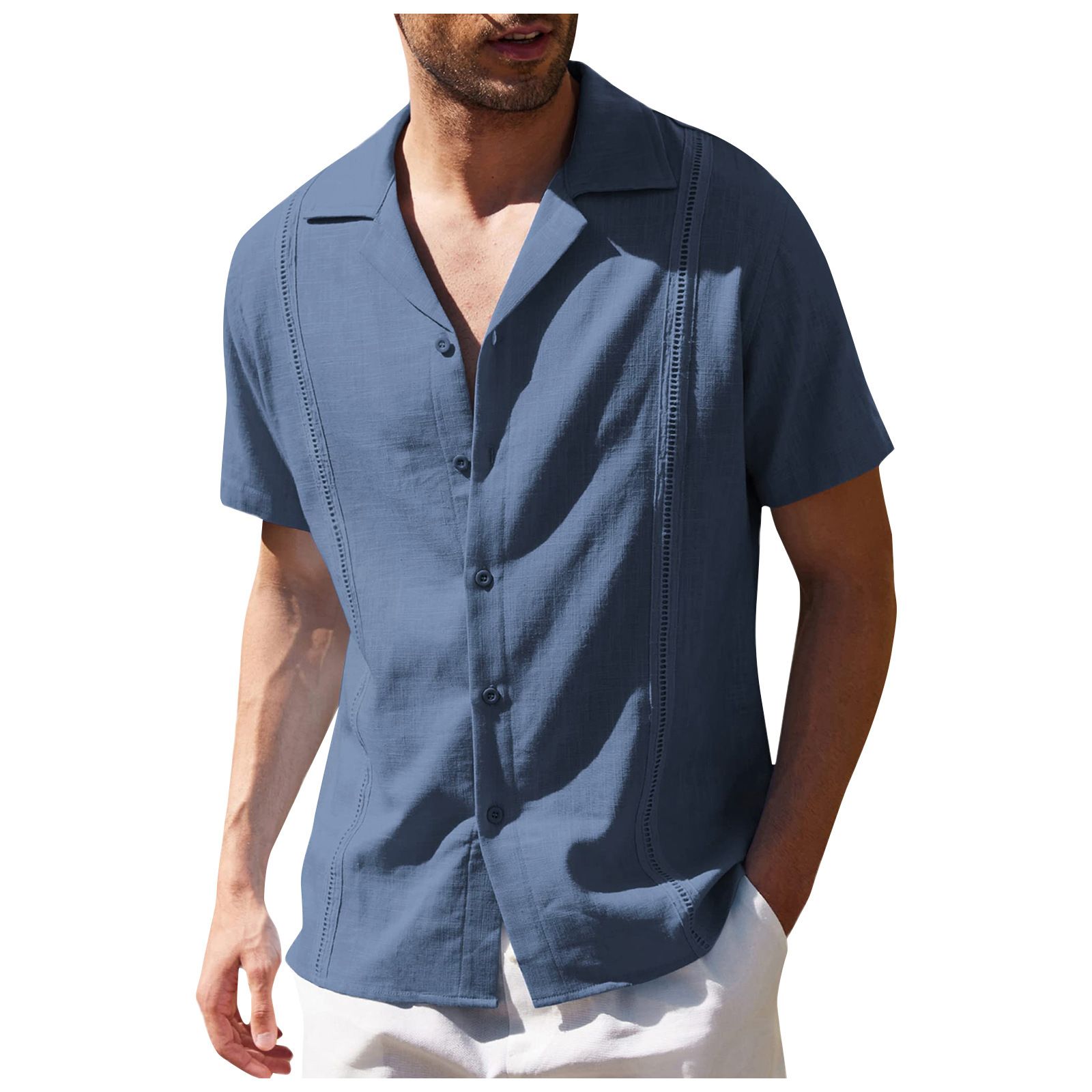 Casual Breathable Men's Shirts Solid Design Turn-Down Collar Short Sleeve Cotton Linen Single Button Custom  Solid Pattern Shirts