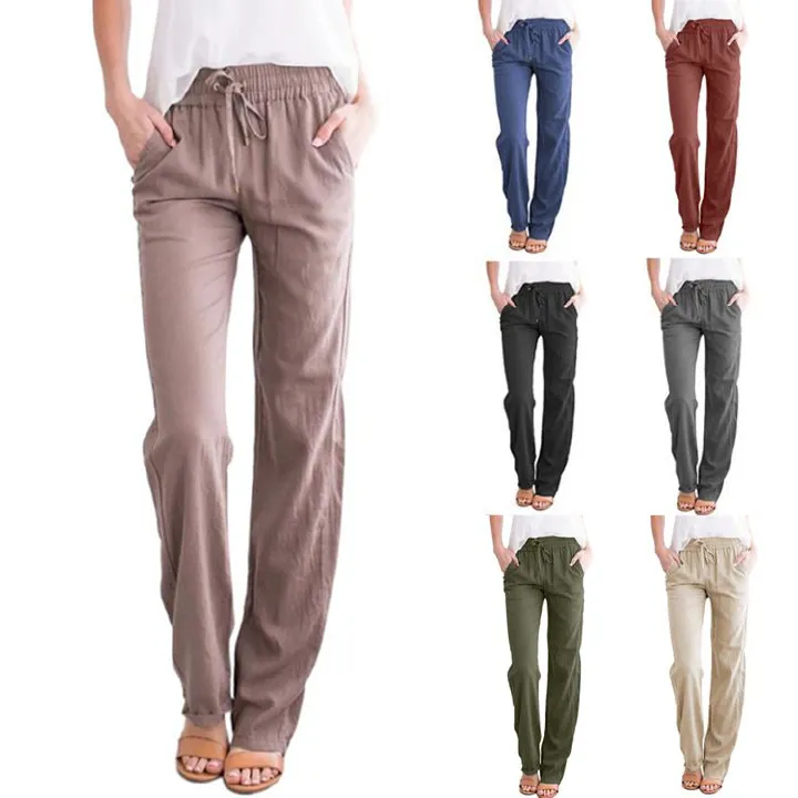 Summer Women Cotton Linen Pants Cargo Stretchy Waist Pants Loose Trousers Joggers High Quality Female Sweatpants