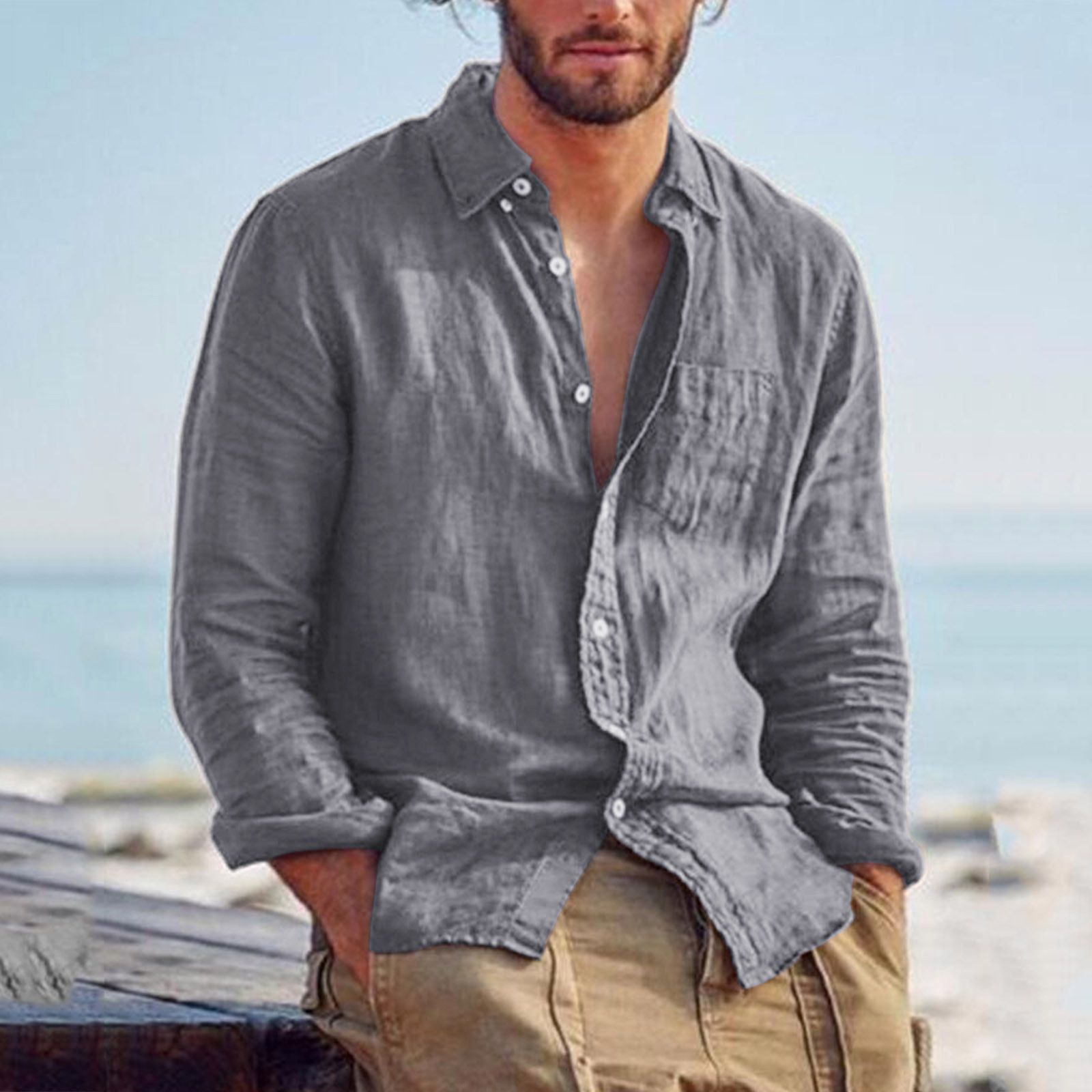 Men's Green Cotton Linen Casual Shirt Loose All-match Long Sleeve Turn Down Neck Hawaii Shirt Streetwear Leisure Shirts