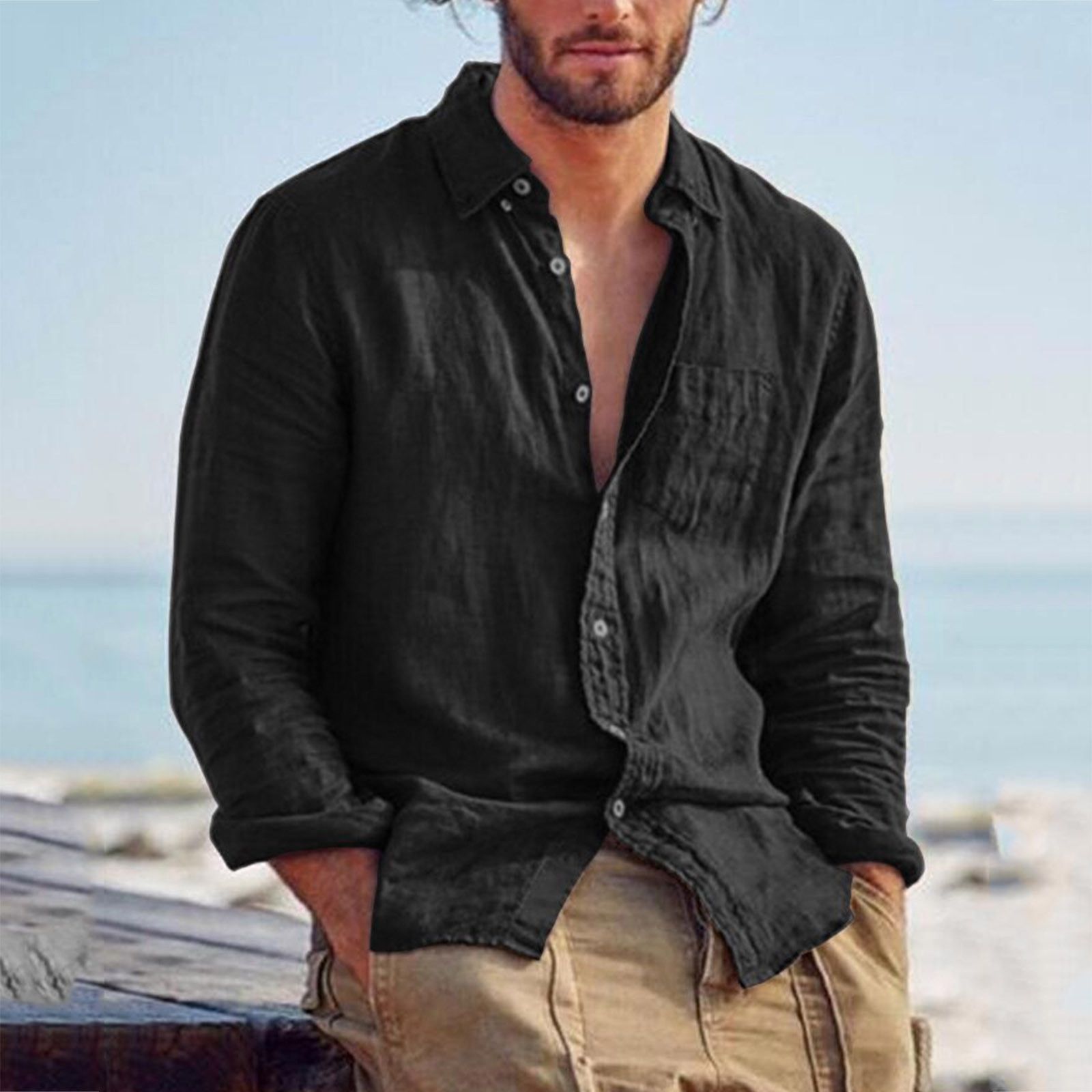 Men's Green Cotton Linen Casual Shirt Loose All-match Long Sleeve Turn Down Neck Hawaii Shirt Streetwear Leisure Shirts