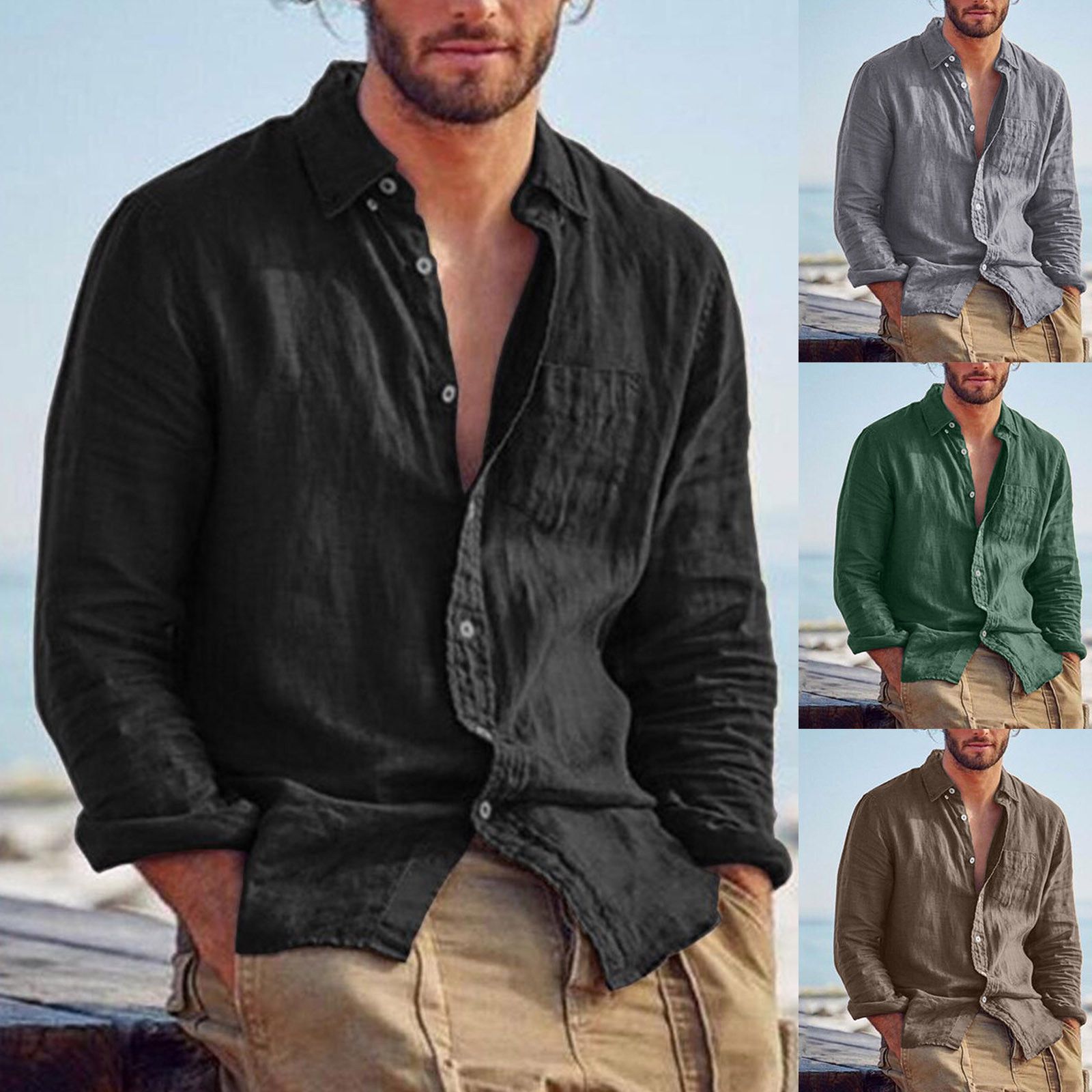 Men's Green Cotton Linen Casual Shirt Loose All-match Long Sleeve Turn Down Neck Hawaii Shirt Streetwear Leisure Shirts