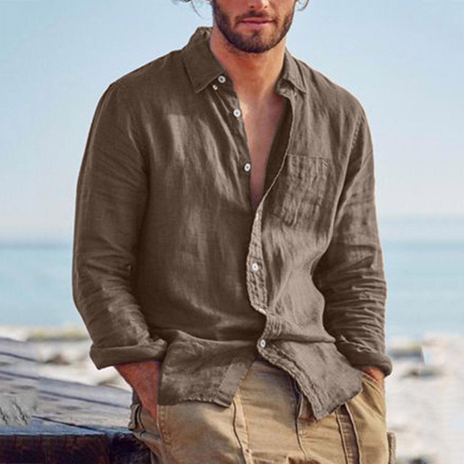 Men's Green Cotton Linen Casual Shirt Loose All-match Long Sleeve Turn Down Neck Hawaii Shirt Streetwear Leisure Shirts