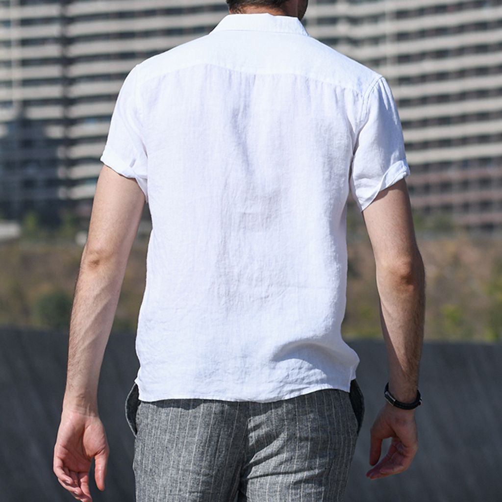 100% linen short sleeve turndown collar pullover quarter button solid color blank custom logo wholesale men's shirt