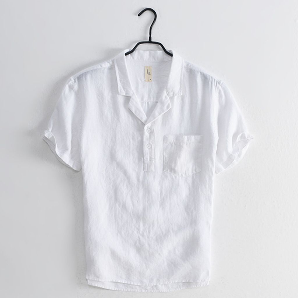 100% linen short sleeve turndown collar pullover quarter button solid color blank custom logo wholesale men's shirt