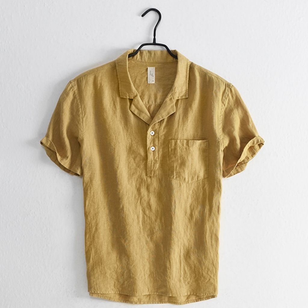 100% linen short sleeve turndown collar pullover quarter button solid color blank custom logo wholesale men's shirt
