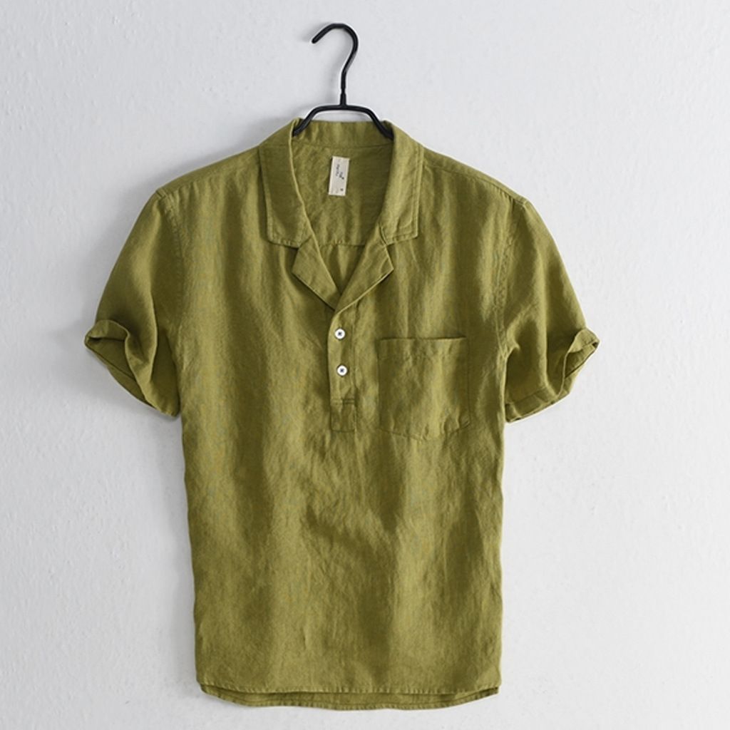 100% linen short sleeve turndown collar pullover quarter button solid color blank custom logo wholesale men's shirt