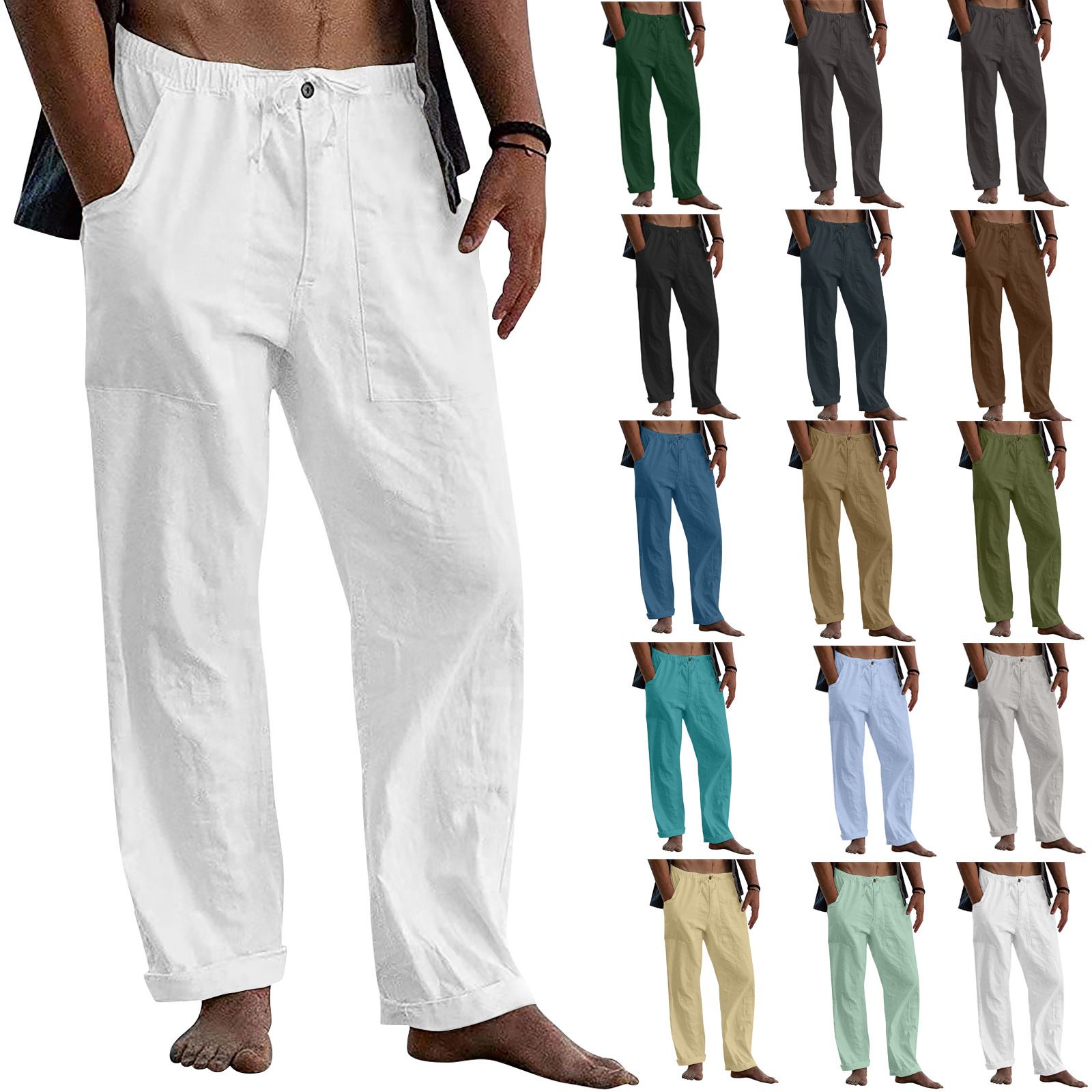 Wholesale Mens Cotton Linen Trousers Casual Drawstring Plus Size Men's Pants Custom Cotton Linen Pants for Men  Pants    Casual