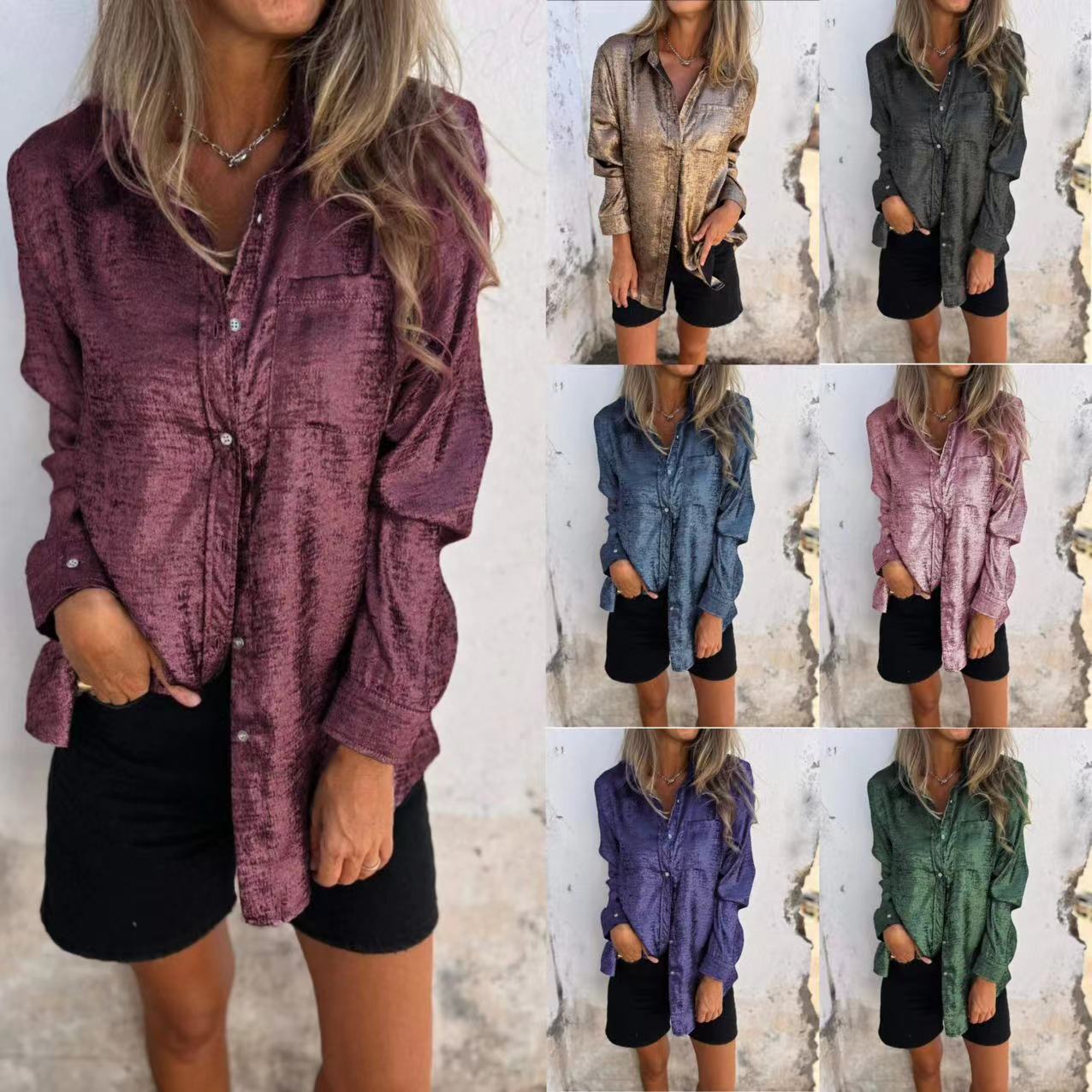 New Fashion Women Casual Streetwear Long Sleeve Ladies Top Bling Sequins Woman Blouse Glitter Shirt leisure lapel shirt T-Shirts