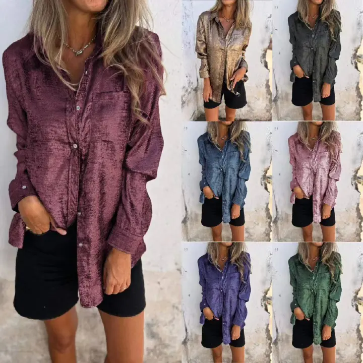 New Fashion Women Casual Streetwear Long Sleeve Ladies Top Bling Sequins Woman Blouse Glitter Shirt leisure lapel shirt T-Shirts