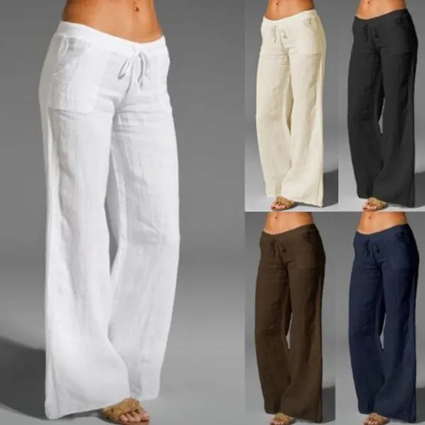 Women's High Waist Wide Leg Pants Large foot flare pocket cotton linen casual pants  Women's Clothing Bottoms Pants