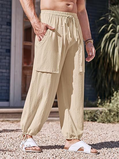 Men's Loose Plus Size Cargo Linen Pants Summer Multi Pocket Drawstring Cotton Linen Trousers  Pants Casual