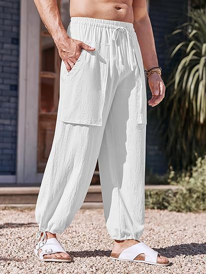 Men's Loose Plus Size Cargo Linen Pants Summer Multi Pocket Drawstring Cotton Linen Trousers  Pants Casual