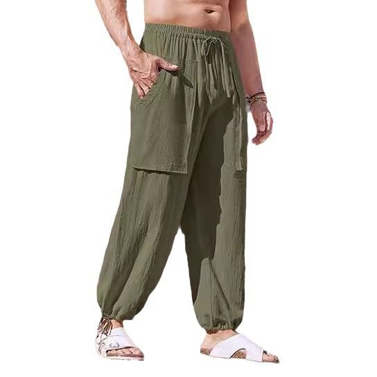 Men's Loose Plus Size Cargo Linen Pants Summer Multi Pocket Drawstring Cotton Linen Trousers  Pants Casual