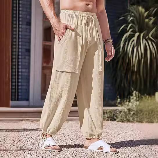 Men's Loose Plus Size Cargo Linen Pants Summer Multi Pocket Drawstring Cotton Linen Trousers  Pants Casual