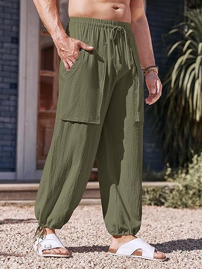 Men's Loose Plus Size Cargo Linen Pants Summer Multi Pocket Drawstring Cotton Linen Trousers  Pants Casual