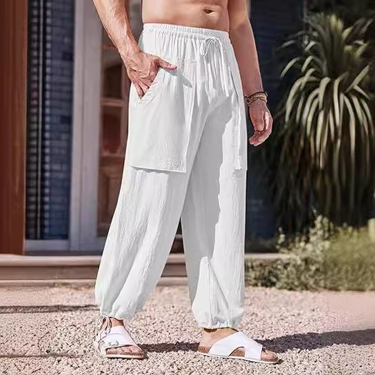 Men's Loose Plus Size Cargo Linen Pants Summer Multi Pocket Drawstring Cotton Linen Trousers  Pants Casual