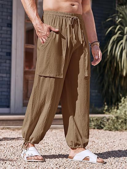 Men's Loose Plus Size Cargo Linen Pants Summer Multi Pocket Drawstring Cotton Linen Trousers  Pants Casual
