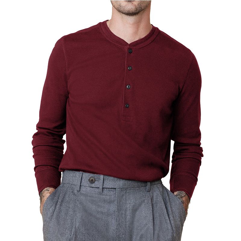 Custom Waffle Knit Long Sleeve Men Thermal T Shirts Cotton Soft Blank Solid Men Henley Fitted T-Shirt