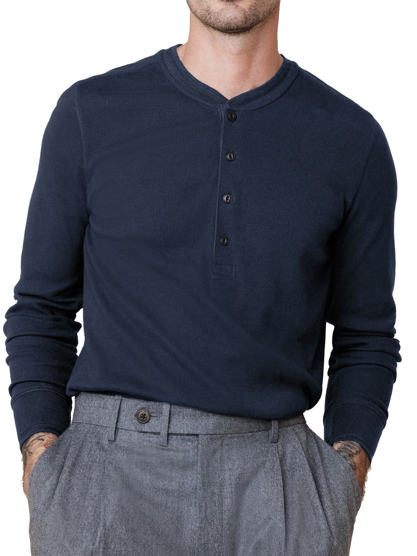 Custom Waffle Knit Long Sleeve Men Thermal T Shirts Cotton Soft Blank Solid Men Henley Fitted T-Shirt