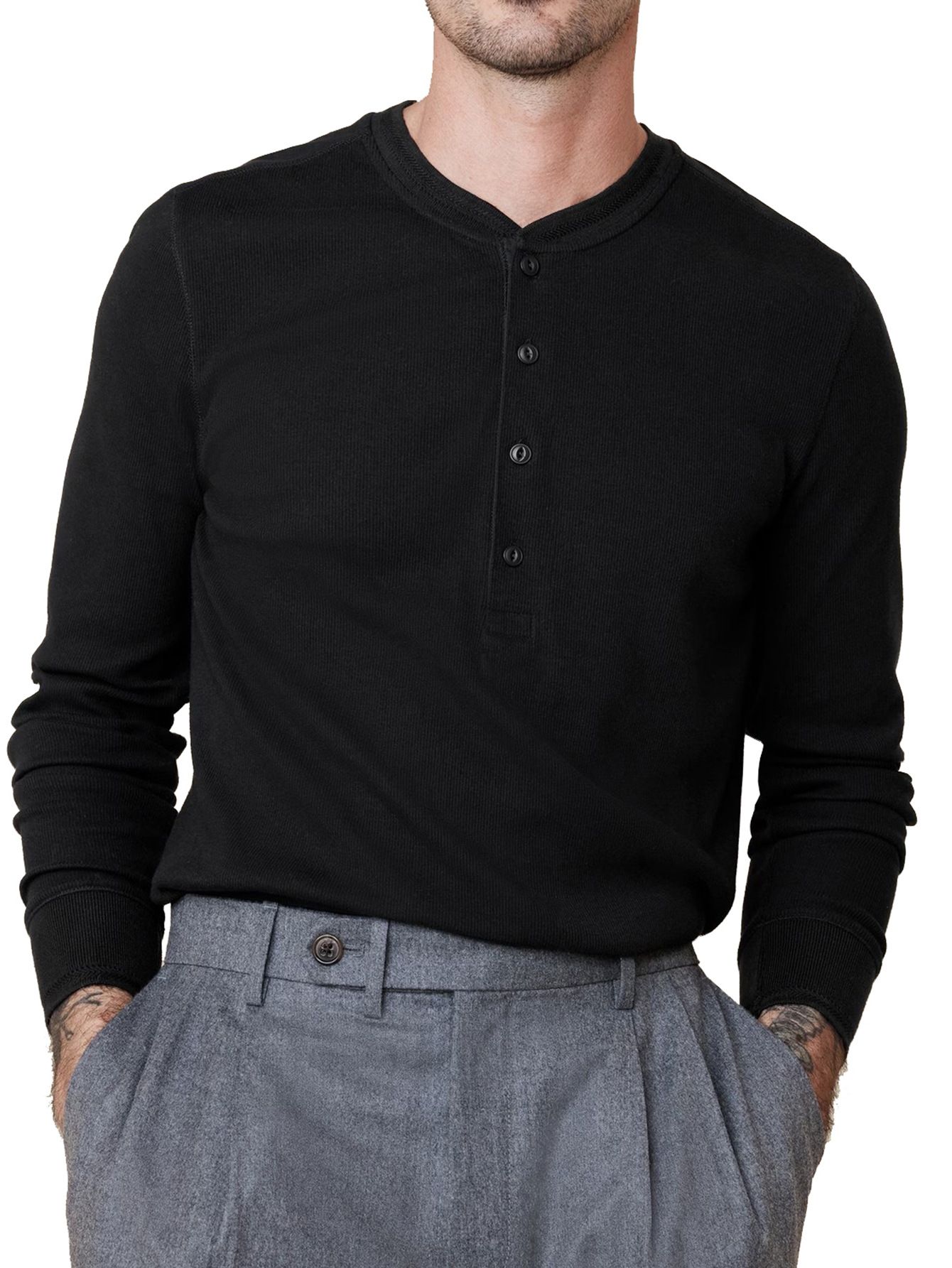 Custom Waffle Knit Long Sleeve Men Thermal T Shirts Cotton Soft Blank Solid Men Henley Fitted T-Shirt