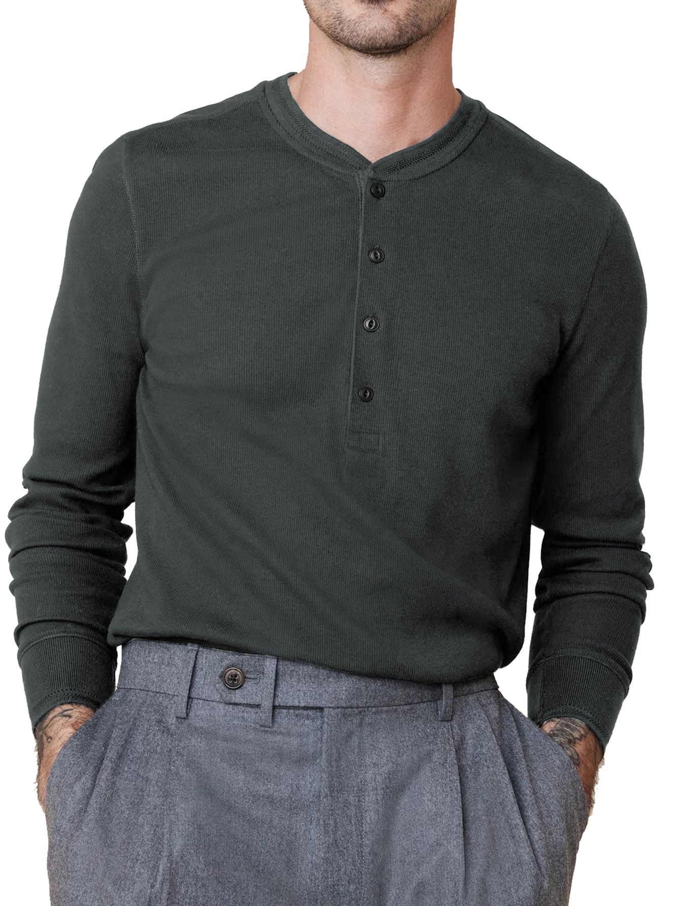 Custom Waffle Knit Long Sleeve Men Thermal T Shirts Cotton Soft Blank Solid Men Henley Fitted T-Shirt
