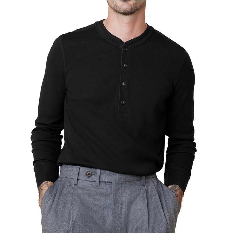 Custom Waffle Knit Long Sleeve Men Thermal T Shirts Cotton Soft Blank Solid Men Henley Fitted T-Shirt