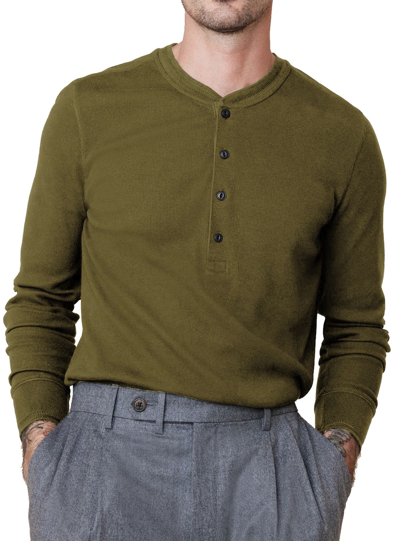 Custom Waffle Knit Long Sleeve Men Thermal T Shirts Cotton Soft Blank Solid Men Henley Fitted T-Shirt