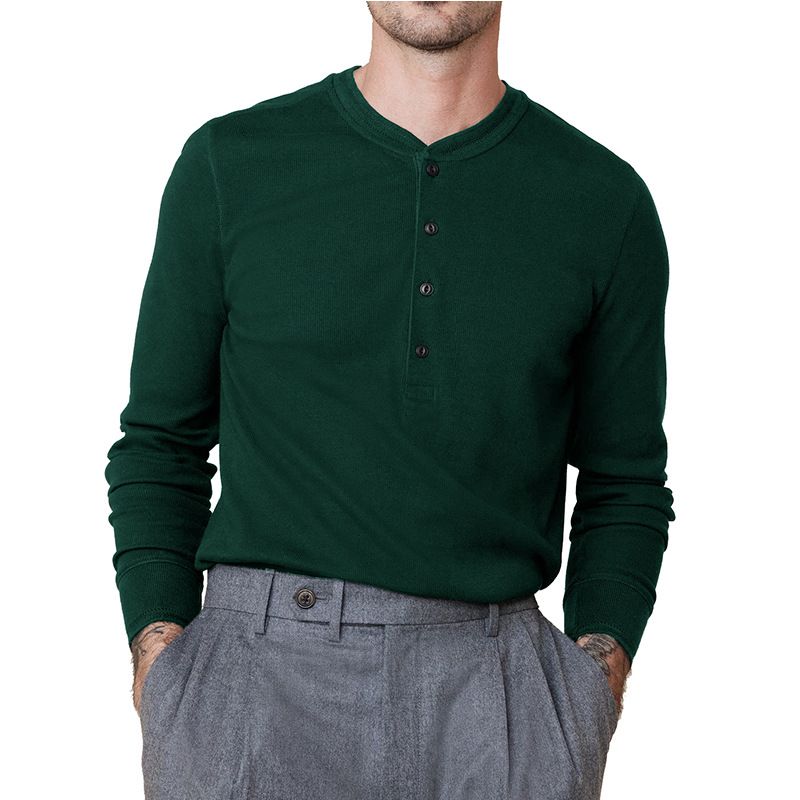 Custom Waffle Knit Long Sleeve Men Thermal T Shirts Cotton Soft Blank Solid Men Henley Fitted T-Shirt
