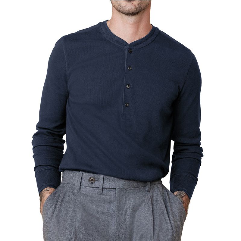 Custom Waffle Knit Long Sleeve Men Thermal T Shirts Cotton Soft Blank Solid Men Henley Fitted T-Shirt