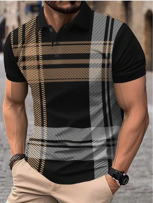 New European And American Men's Summer Daily Leisure Sports Checkered Print Flip Collar Short Sleeve Polo Shirt  T-Shirts