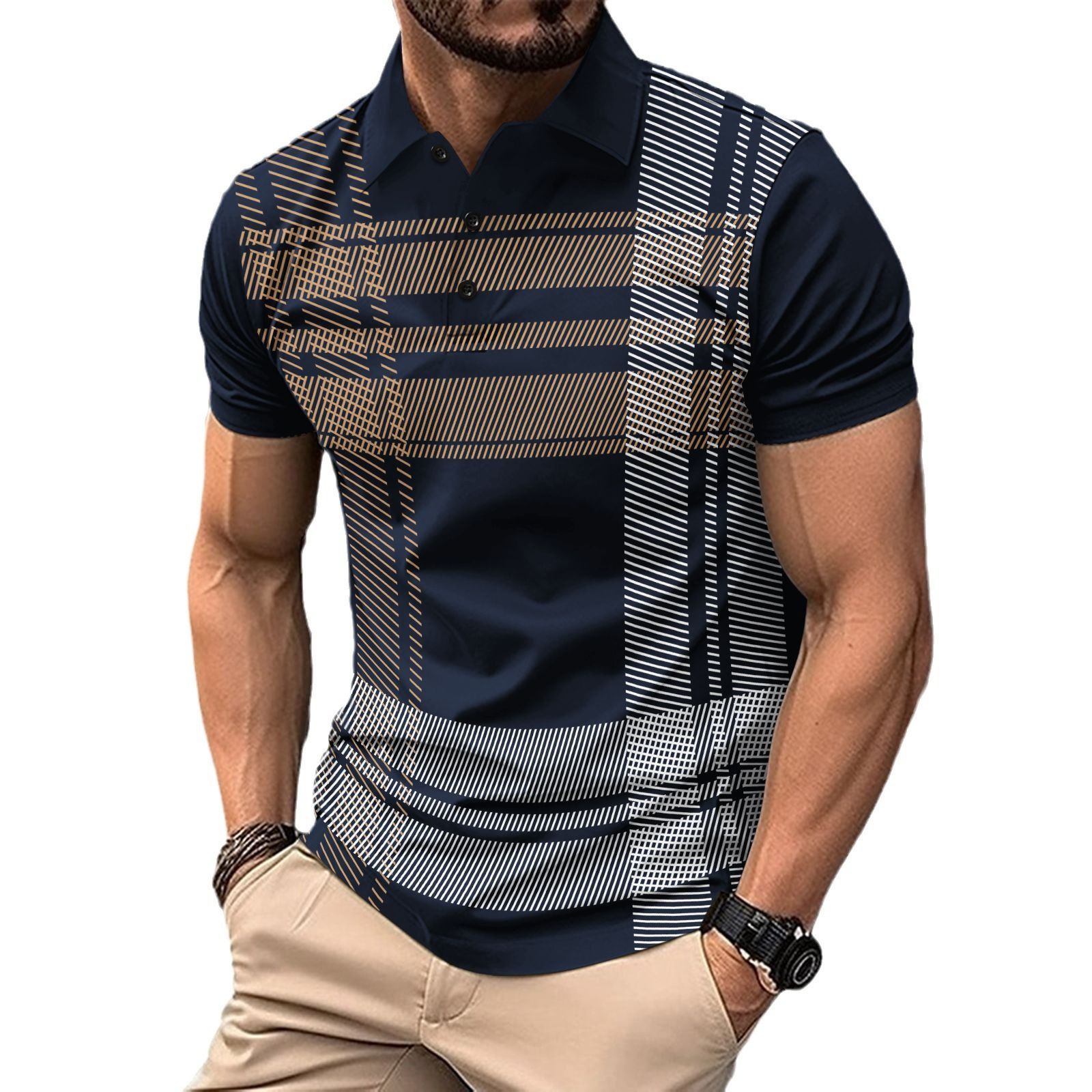 New European And American Men's Summer Daily Leisure Sports Checkered Print Flip Collar Short Sleeve Polo Shirt  T-Shirts