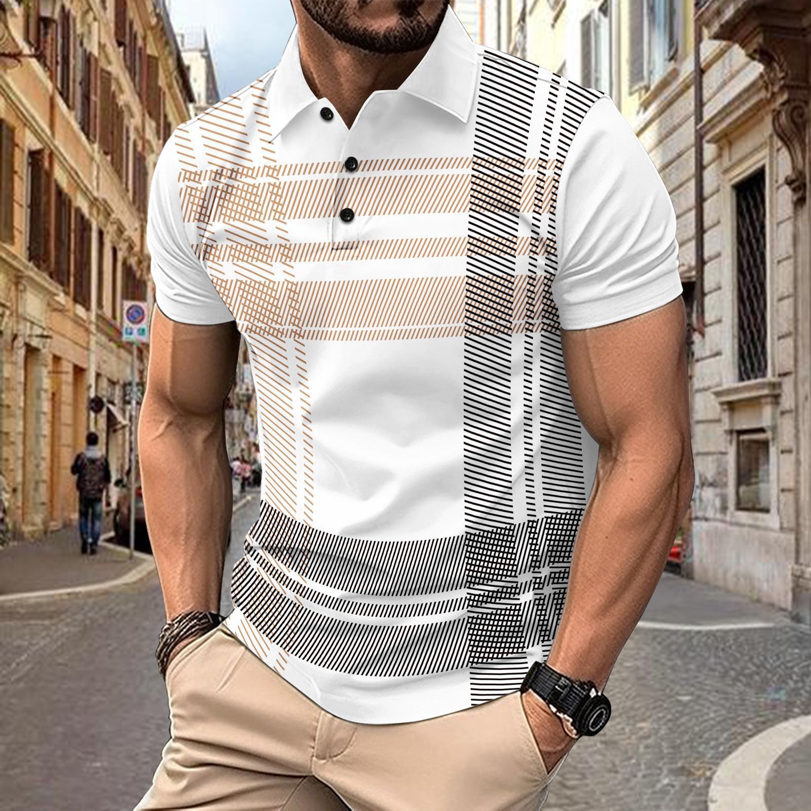 New European And American Men's Summer Daily Leisure Sports Checkered Print Flip Collar Short Sleeve Polo Shirt  T-Shirts