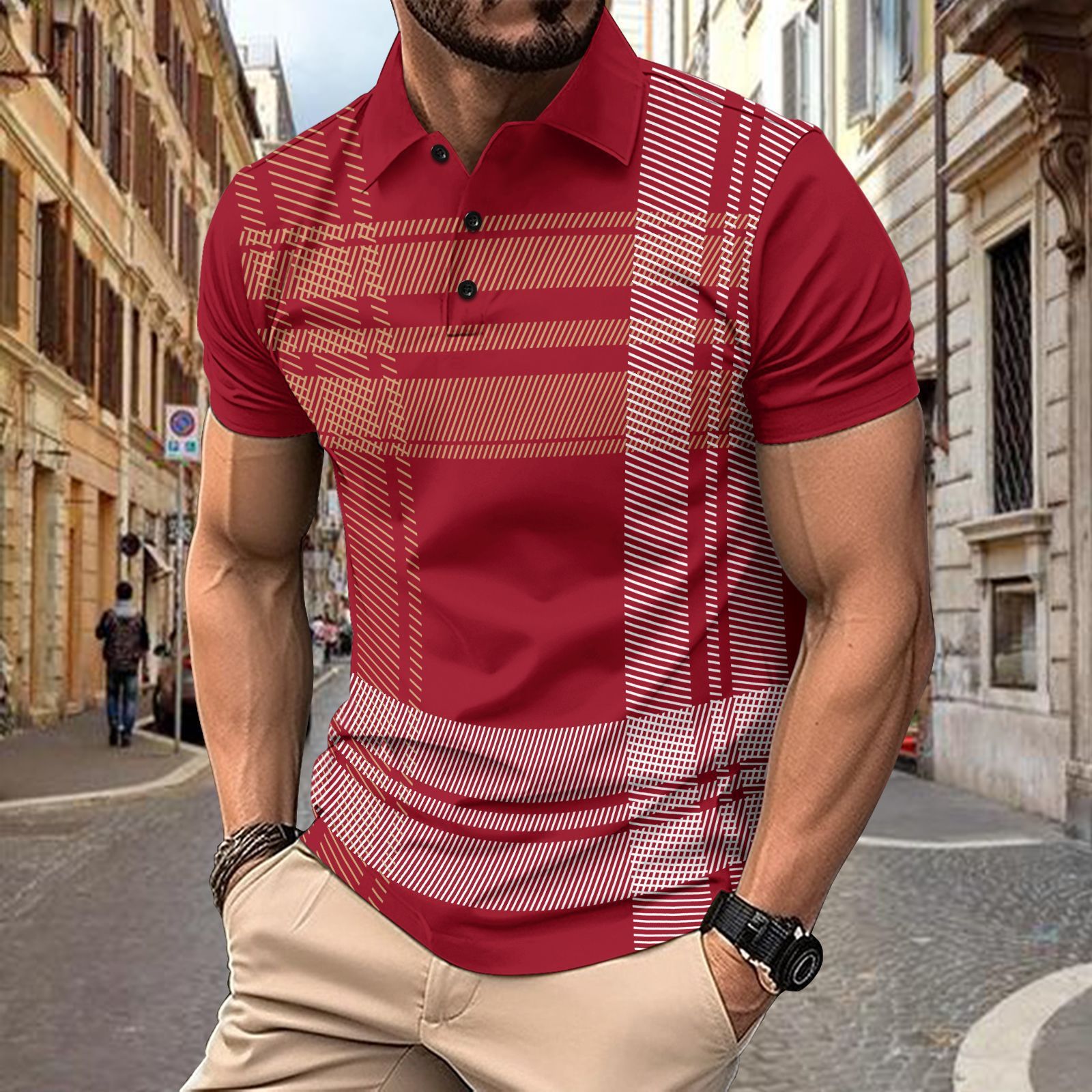 New European And American Men's Summer Daily Leisure Sports Checkered Print Flip Collar Short Sleeve Polo Shirt  T-Shirts