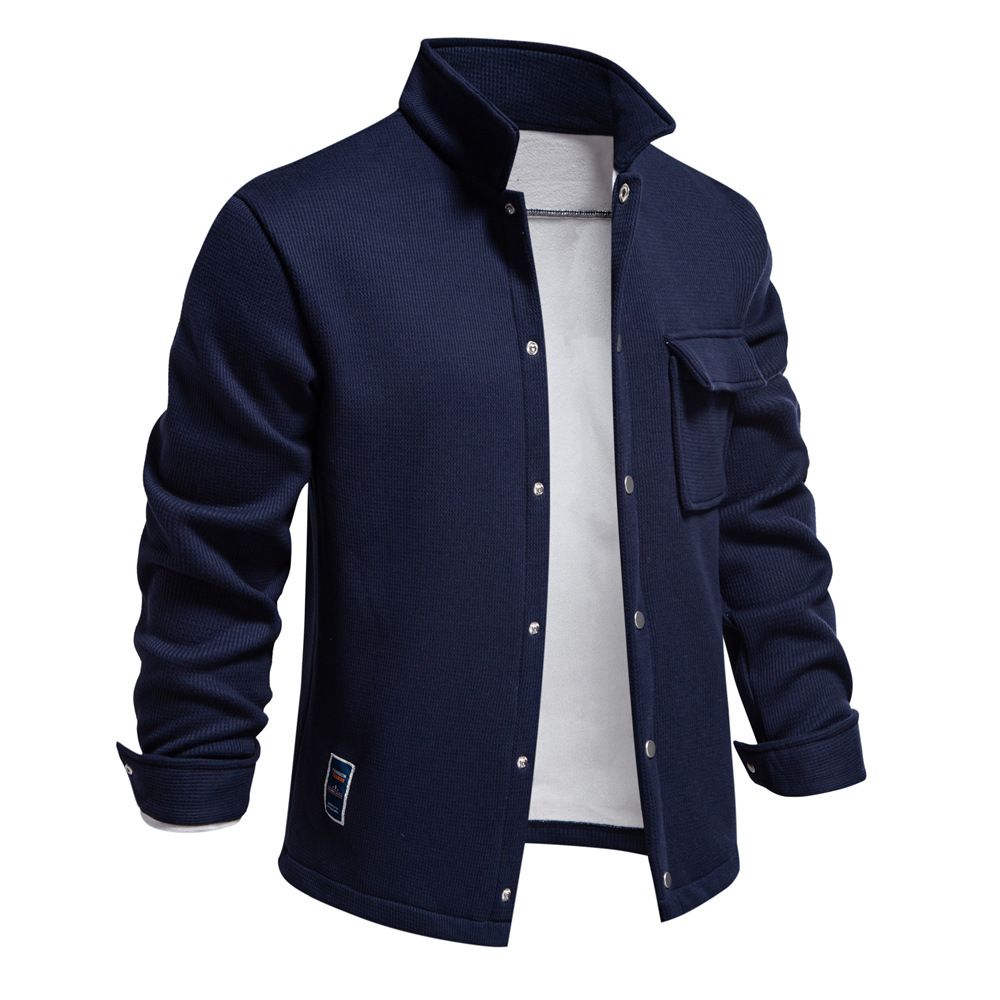 autumn and winter new men's lapel long-sleeved sweatshirt cardigan pocket decoration solid color jacket tops men Coats