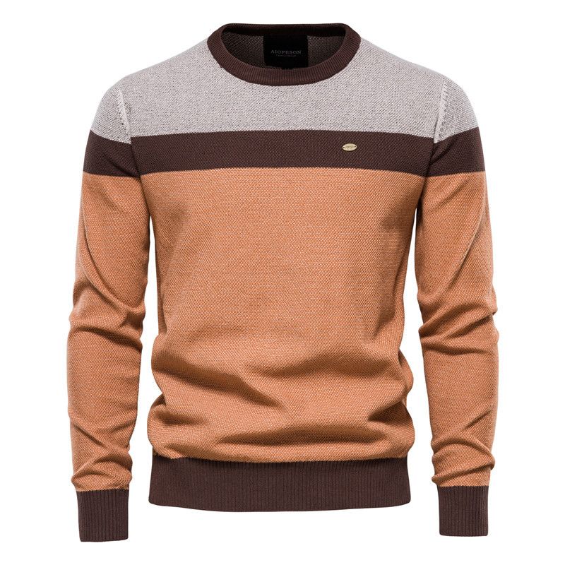 Men's Cotton Knitted Pullover Sweater Long Sleeve Crew Neck Casual Brown Color Knit Men's Clothing  Tops Sweaters