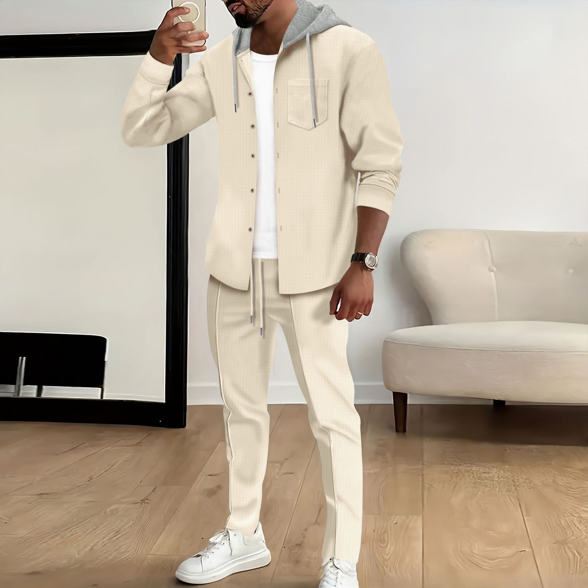 Autumn new style men's casual hooded color long sleeved cardigan jacket long pants set Two-Piece Outfits