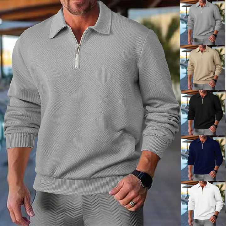 Daily Casual Solid Color Jacquard Sweatshirt Mens Autumn Vintage Lapel Zipper Polo Shirts Men Fashionable Long Sleeve Pullovers  Sweatshirts