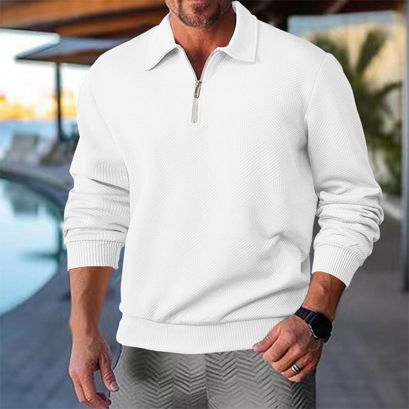 Daily Casual Solid Color Jacquard Sweatshirt Mens Autumn Vintage Lapel Zipper Polo Shirts Men Fashionable Long Sleeve Pullovers  Sweatshirts