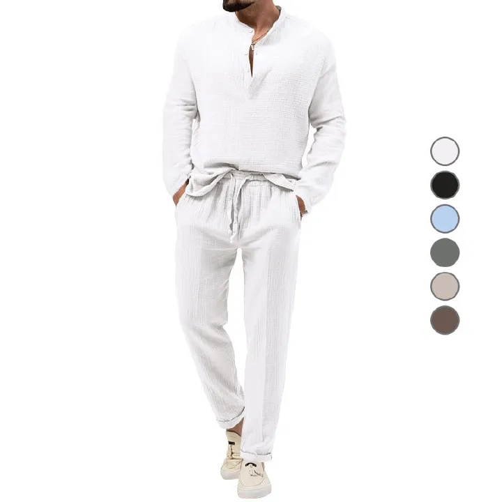 Spring Fall Men's Solid Casual T Shirt Long Sleeve Shirt Matching Sports Trousers Set Two-Piece Outfits