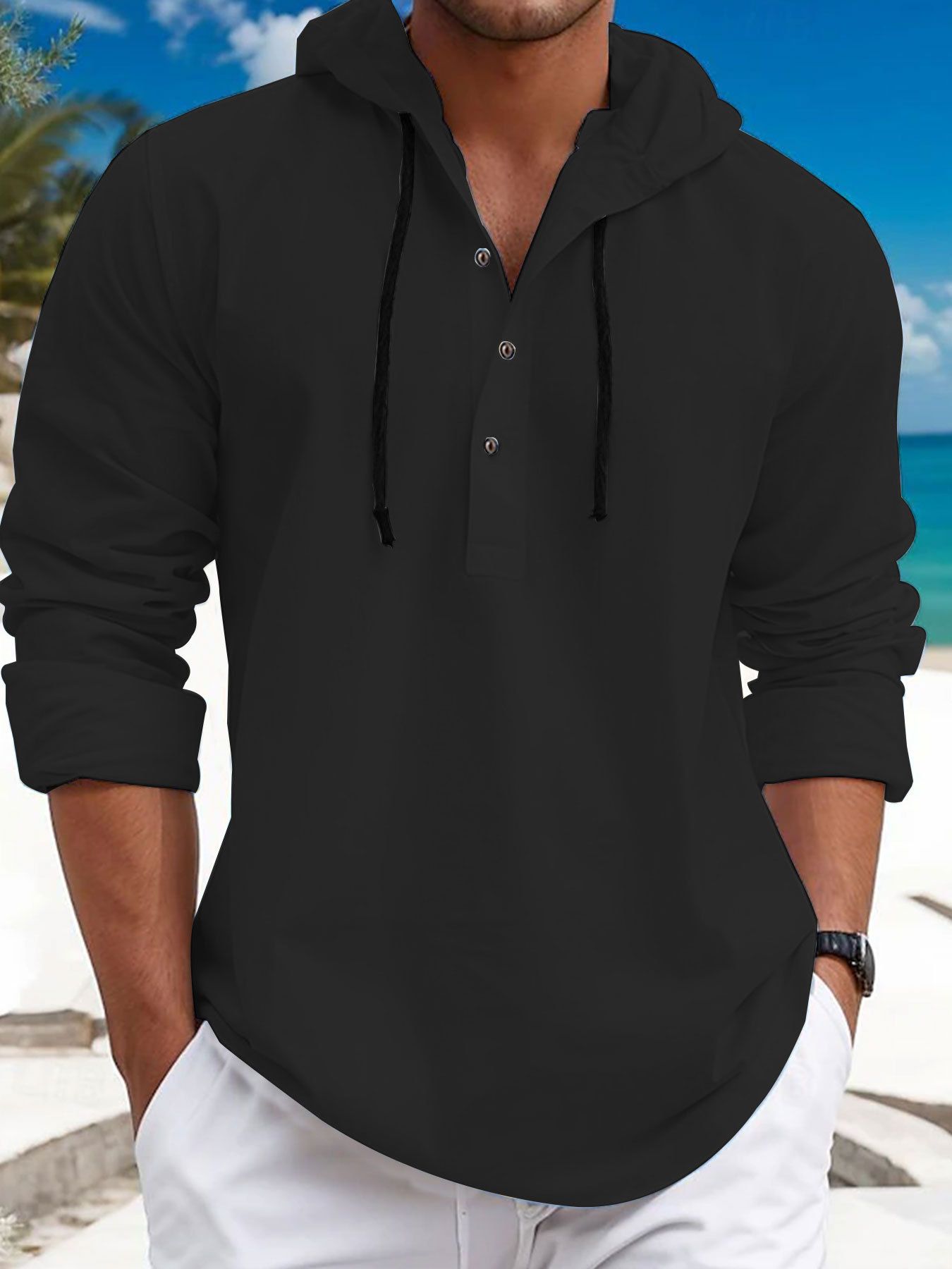 New fashion casual men's hooded sweatshirt with pearl cotton hooded button down shirt for men Shirts