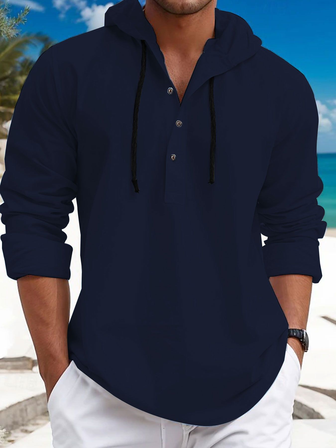 New fashion casual men's hooded sweatshirt with pearl cotton hooded button down shirt for men Shirts