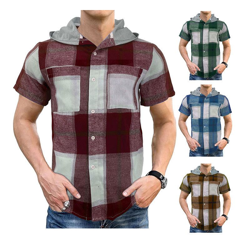 Summer new men's short-sleeved plaid shirt casual hooded business plaid Men's Clothing  Tops  Shirts